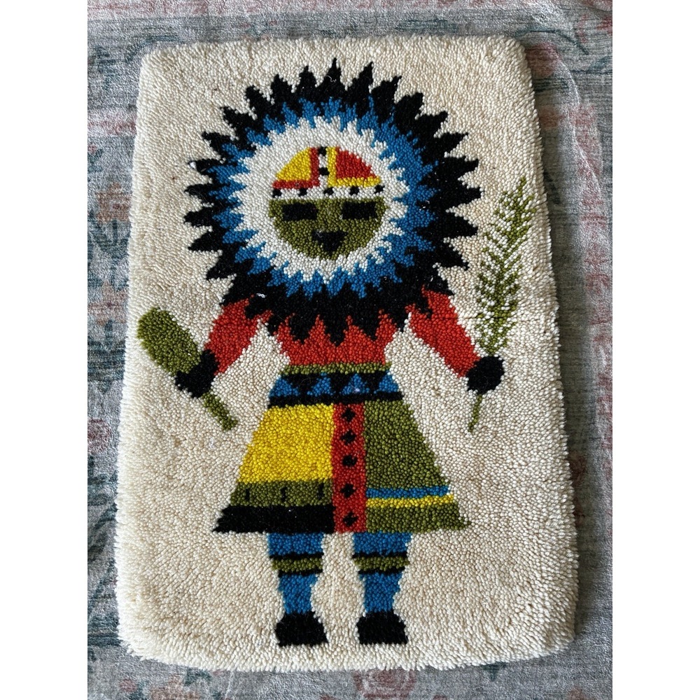 Vintage 70's Native American Kachina Latch Hook Wall Art Large Complete 2'x3'